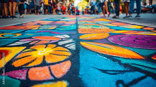 Fototapeta A vibrant chalk drawing on a sidewalk filled with colorful designs.