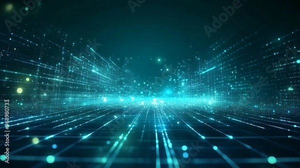Fototapeta A futuristic digital landscape showcasing glowing lines and particles in a vibrant blue-green color scheme.