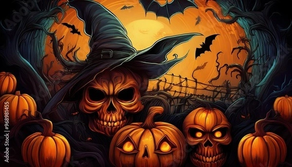 Obraz halloween background with a digitally painted scene featuring a witch's hat, carved pumpkins, and grinning skulls on a warm orange background. Decorations, greeting cards, and party invitations
