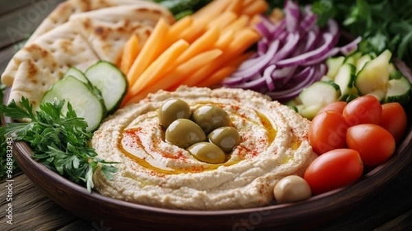 Obraz A delicious platter of hummus, fresh vegetables, olives, and pita bread, creating a healthy and colorful appetizer.