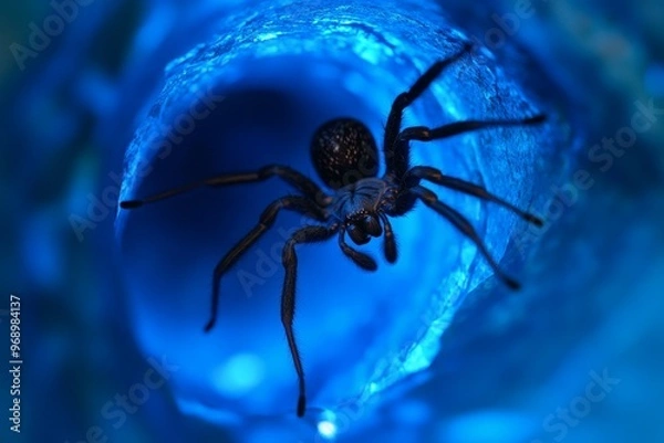 Fototapeta A spider spins a web in a cave, illustrated with an air of mystery and darkness