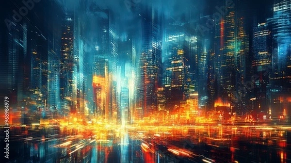 Fototapeta Abstract vibrant city skyline with dynamic lights and energy
