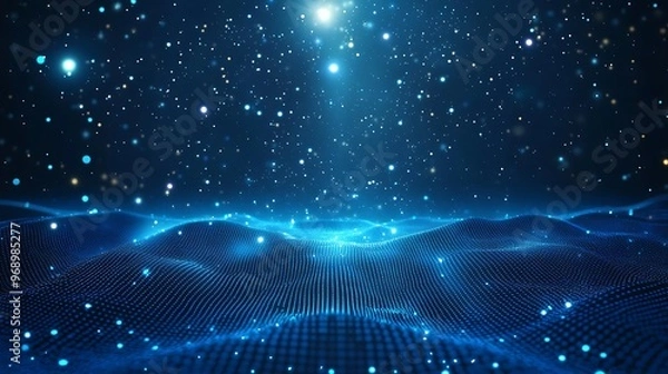 Fototapeta A mesmerizing blue digital landscape with shimmering stars and glowing waves, perfect for tech and science fiction themes.