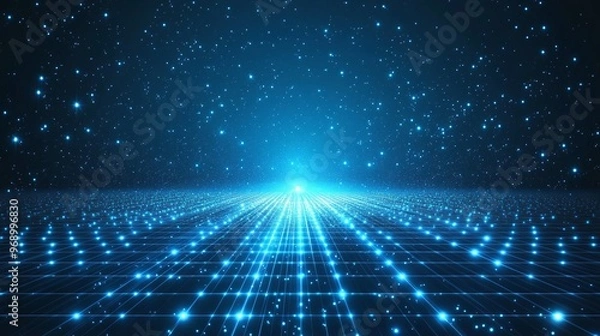 Fototapeta A stunning digital landscape showcasing a grid of glowing blue lights against a starry background, evoking a sense of depth and space.