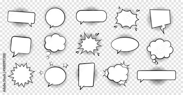 Obraz Retro empty comic bubbles and elements set with black halftone shadows on transparent background. Vector illustration, vintage design, pop art style