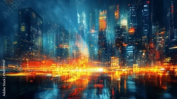 Fototapeta Abstract vibrant city skyline with dynamic lights and energy