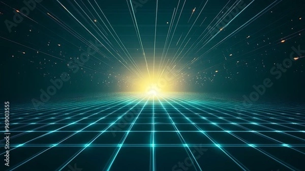 Fototapeta A vibrant digital landscape with radiant light beams and a grid pattern, evoking a sense of futuristic exploration.