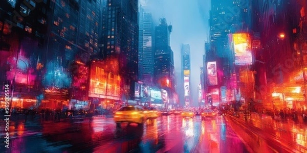 Fototapeta Abstract vibrant city skyline with dynamic lights and energy