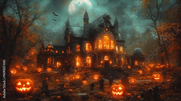 Fototapeta A spooky haunted house surrounded by glowing jack-o'-lanterns under a full moon.