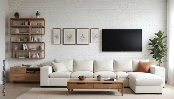 Fototapeta Photo modern style interior room 3d illustration Interior frame living room with colorful white sofa,led with blank frame