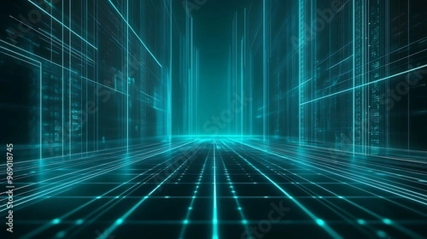 Obraz Futuristic digital landscape with glowing lines and grid patterns, creating a sense of depth and technology.