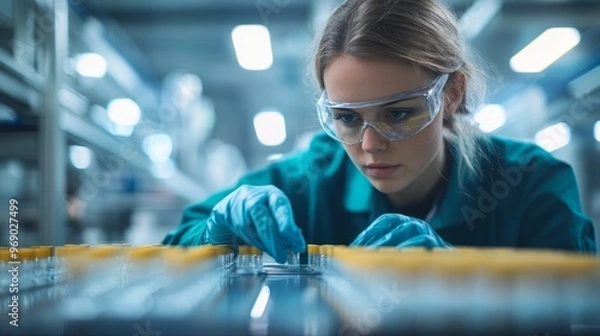 Fototapeta A factory worker in protective gear inspects test tubes during product quality checks at a laboratory facility in the morning