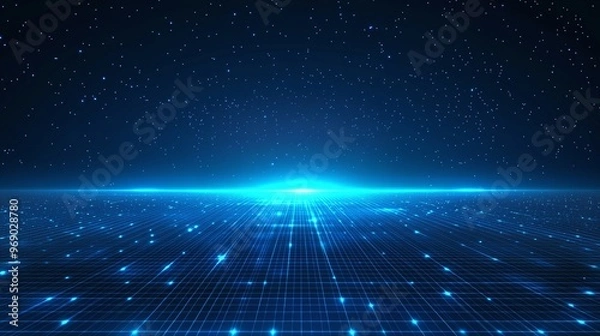 Fototapeta Vibrant digital landscape with glowing horizon and grid pattern against a starry night sky, ideal for technology themes and backgrounds.