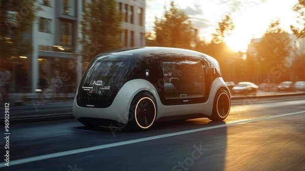 Fototapeta Futuristic AI-powered ride-sharing platforms with autonomous electric vehicles: Ride-hailing apps offering self-driving electric cars for efficient urban transport.
