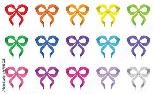 Fototapeta Simple hand drawn colorful ribbon bow collection. Bowknot for decoration, big set of bowtie. Large retro handdrawn ribbon illustration set. Set of various cartoon bow knots, gift ribbons. Multicolored