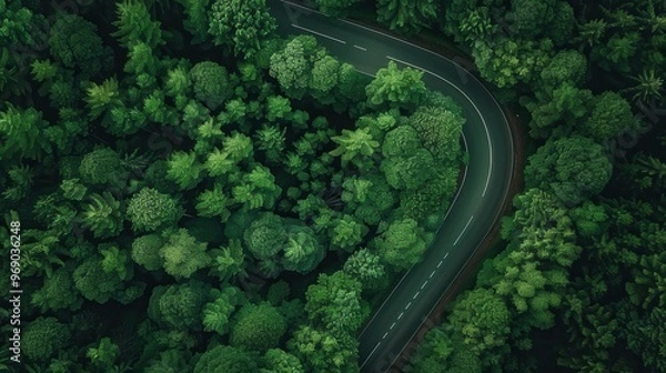 Fototapeta Serpentine Road Winding Through a Dense Forest Captured from an Aerial Perspective