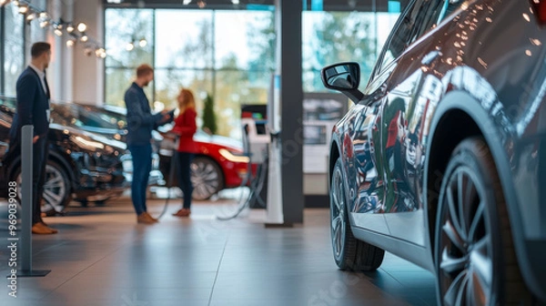 Obraz Eco-friendly car dealership with electric vehicles on display, customers learning about sustainable transportation options