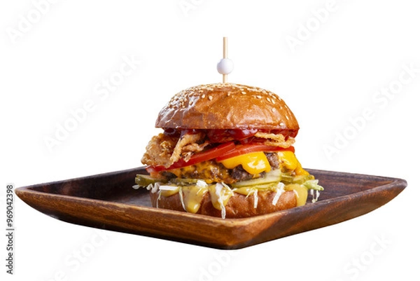 Obraz Big tasty burger with fried cutlet, cabbage salad, tomatoes and sauce on wooden plate isolated on white background.