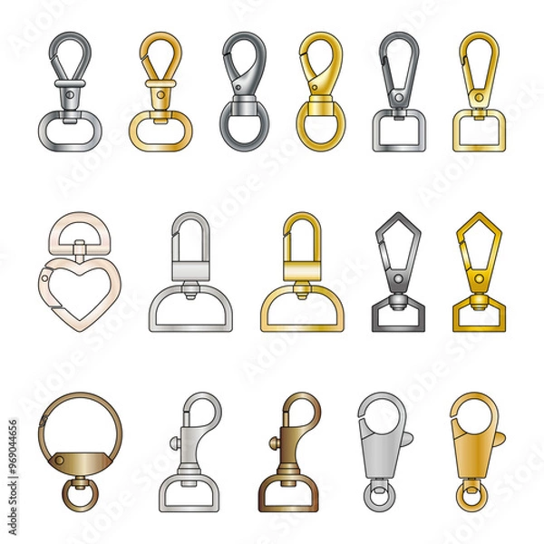 Fototapeta A collection of metal accessories for decorating and tailoring clothes, shoes, bags. 
Metal buckle vector flat sketch set.
Different types of metal materials, trims, clasps, buckles. 