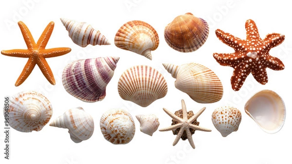 Fototapeta Seashells and starfish collection isolated transparent background