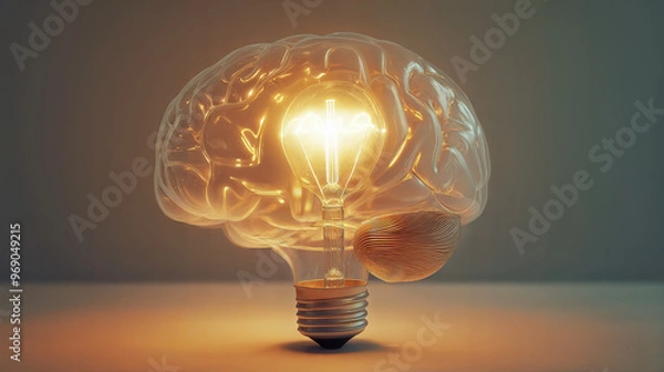 Fototapeta Glowing light bulb inside transparent brain model. Concept of creativity, innovation, and ideas background with copy space
