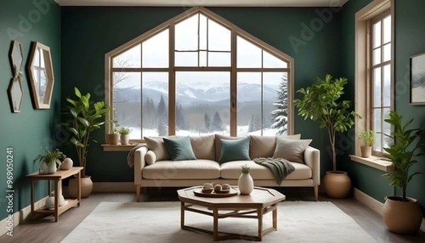 Fototapeta Photo modern style interior room 3d illustration Interior frame living room with colorful white sofa,led with blank frame