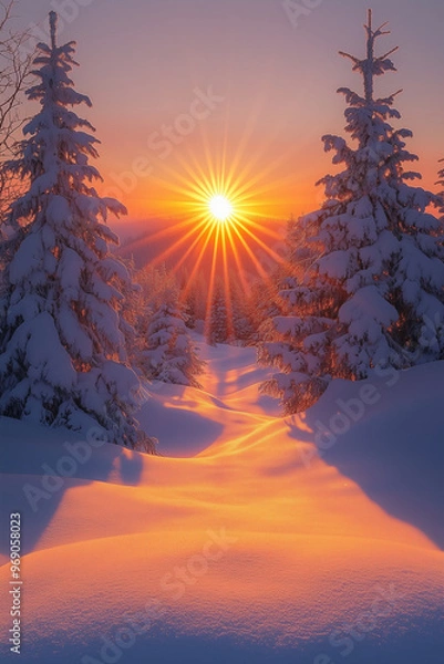 Fototapeta winter forest with snow covered trees in the sunset