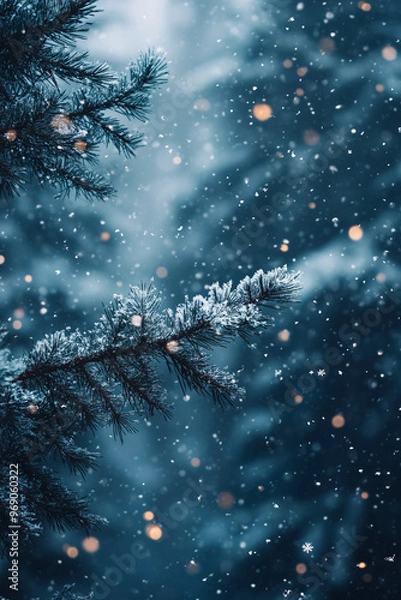 Fototapeta winter landscape with snow covered fir branches on a blurred background