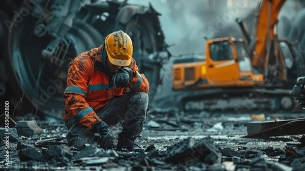 Obraz Industrial accident, technician assessing damage, safety gear