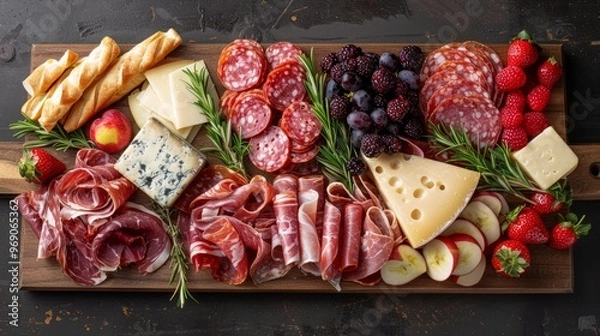 Fototapeta Overhead shot of a beautifully arranged charcuterie board with meats, cheeses, and fruits