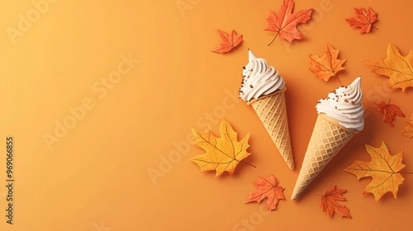 Obraz Ice cream cones with autumn leaves on orange backdrop