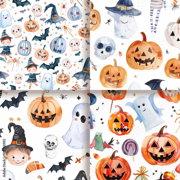 Fototapeta Watercolor Halloween Seamless Pattern with Pumpkins  Ghosts  and Bats
