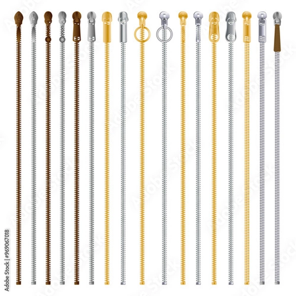Obraz Slider and seamless zipper brush set.
Metal zipper flat sketch collection. Fasteners for garments.