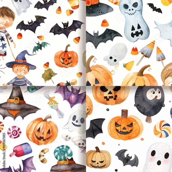 Fototapeta Watercolor Halloween Seamless Pattern  Cute Pumpkins  Bats  Ghosts  Witch Hat  Candy  Kids