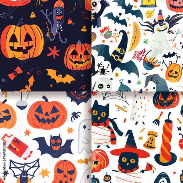 Fototapeta Cute Halloween Seamless Pattern Backgrounds With Pumpkins  Bats  Ghosts  Spiders and Witch Hats