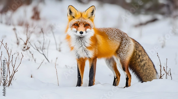 Fototapeta Detailed Close-Up of a Vibrant Red Fox in a Snowy Landscape, Showcasing Its Beautiful Fur Against the White Snow and Capturing Its Lively Eyes and Alert Posture in High Resolution