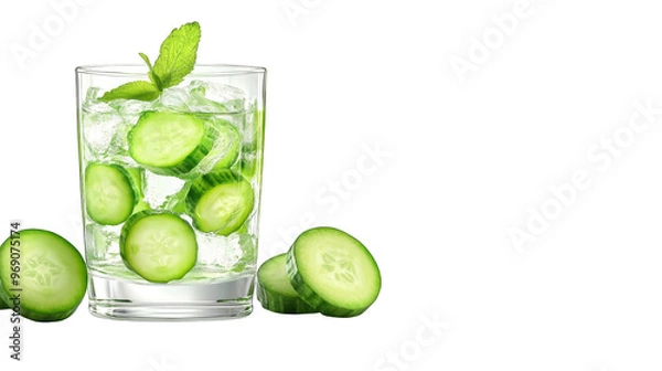 Fototapeta Refreshing Cucumber Water with Mint and Ice