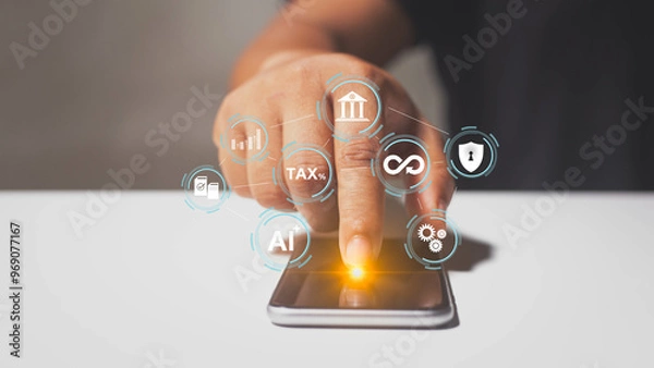 Obraz Close-up shot of a man hands tapping on a mobile phone screen. Investment ideas or digital marketing background texture. Business management icons design.