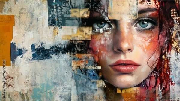 Obraz A striking mixed media artwork combining painting and collage elements. The blend