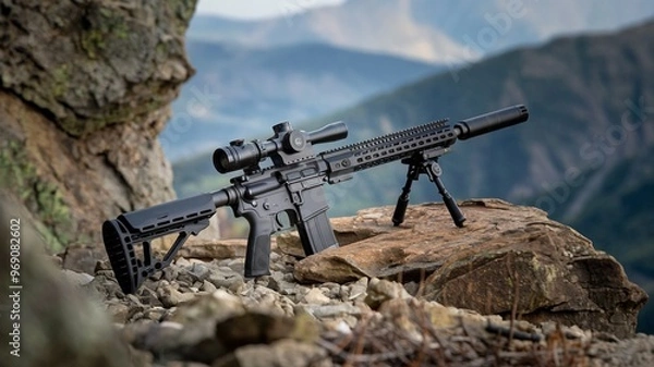Fototapeta High-powered rifle on a rocky ledge with suppressor and bipod