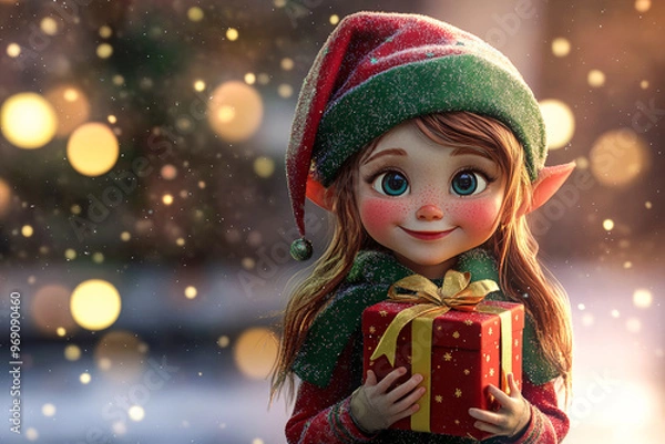 Fototapeta Christmas elf, little girl with gifts in her hands against background of Christmas lights. Animation. Concept: Christmas and New Year. Generative AI