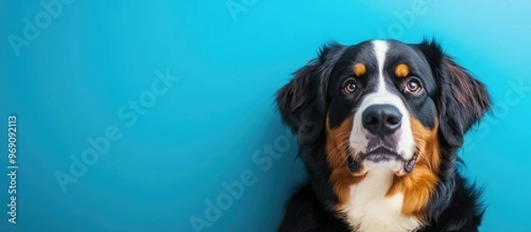 Fototapeta Selective focus vertical portrait of a beautiful yellow Bernese Mountain Dog mixed with a Pyrenean Mountain Dog resting against a simple blue background. with copy space image