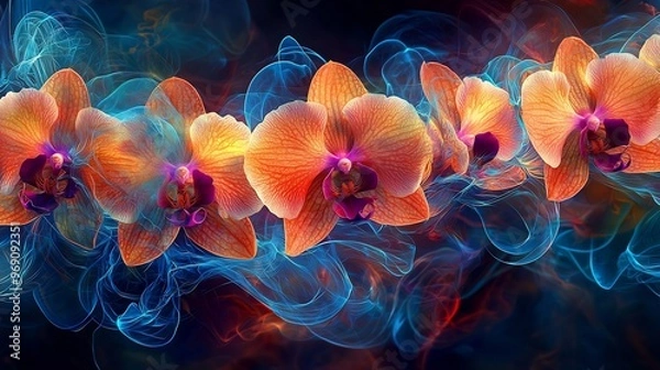 Fototapeta Semiabstract garden of orchids with their long twisting vines extending into swirling neon patterns representing mystery and exotic beauty