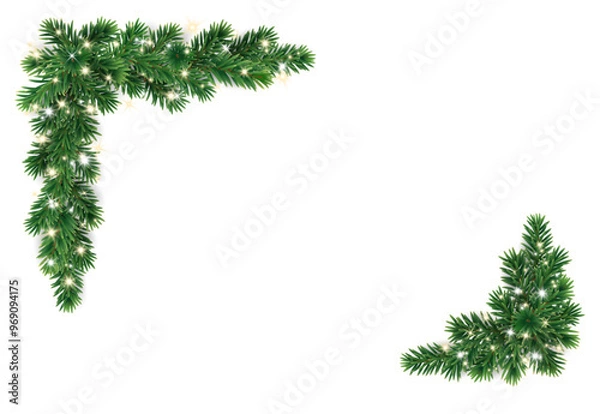 Fototapeta Christmas tree decoration. Holiday fir tree garland, festive Christmas corner. Winter season frame, realistic spruce branch with glowing Christmas lights. Transparent background in vector file.