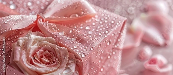 Fototapeta Pink rose with a gift box and water droplets on a pink background room for text. with copy space image. Place for adding text or design