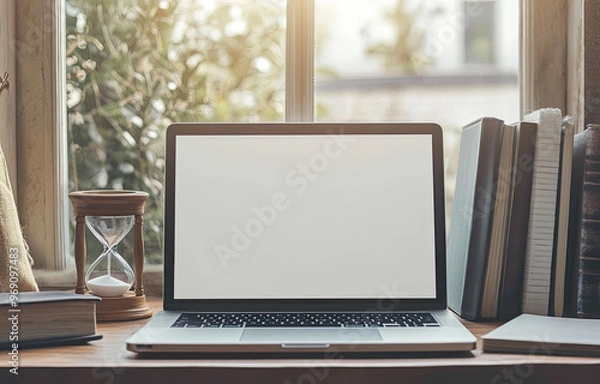 Fototapeta A close-up of an open laptop with a blank screen on a desk near a window, surrounded by books and decorations. Created with Ai