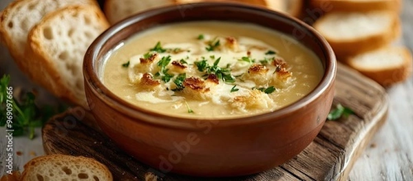 Fototapeta dinner featuring creamy soup and bread. with copy space image. Place for adding text or design