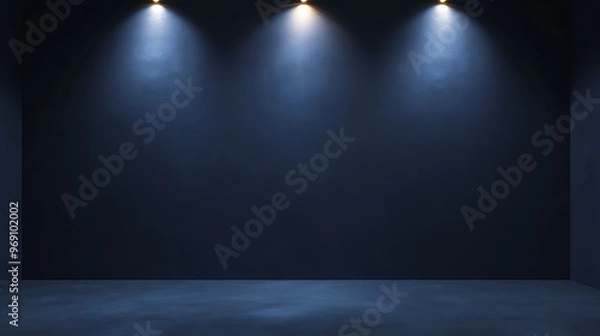 Fototapeta Deep indigo wall with a warm spotlight shining from above at a wide angle, leaving space for text or clean design with an inviting glow.