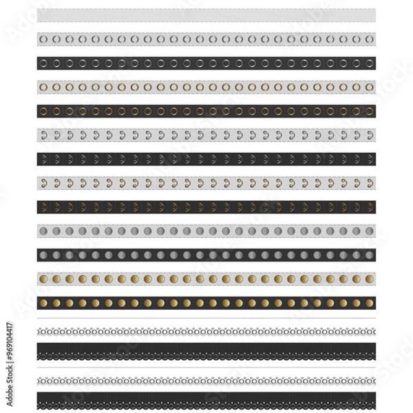 Fototapeta A collection of metal accessories for decorating and tailoring clothes, shoes, and bags, including eyelets, grommets, and tape trims. The set features scalloped edge seamless brush set.