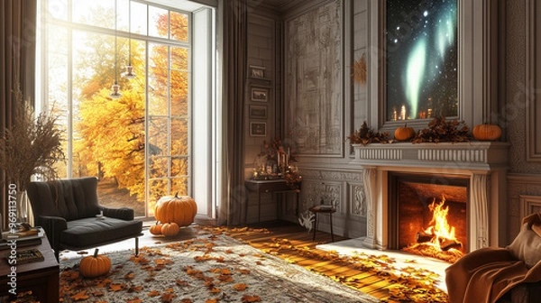 Fototapeta Elegant Living Room with Fireplace, Pumpkins, and Autumn Leaves Overlooking Fall Forest